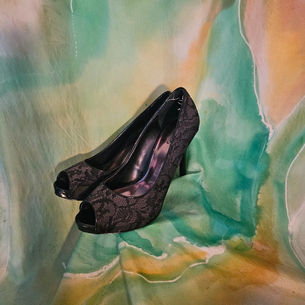 Black Lace Leather Heels, Size 9